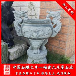 石雕雙龍香爐圖片 圓形香爐石雕廠(chǎng)家 道院雙龍香爐